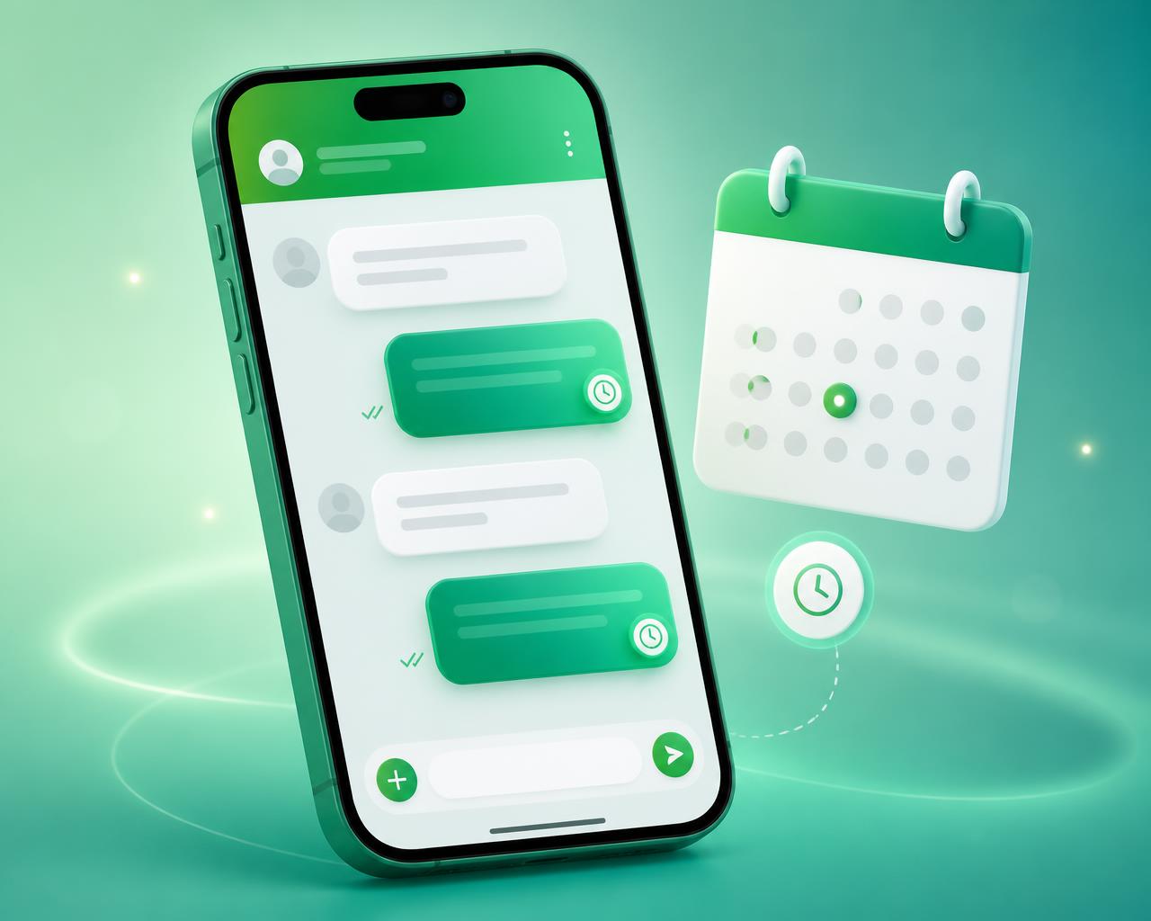 Celular com conversa de WhatsApp e mensagens agendadas ao lado de um calendário